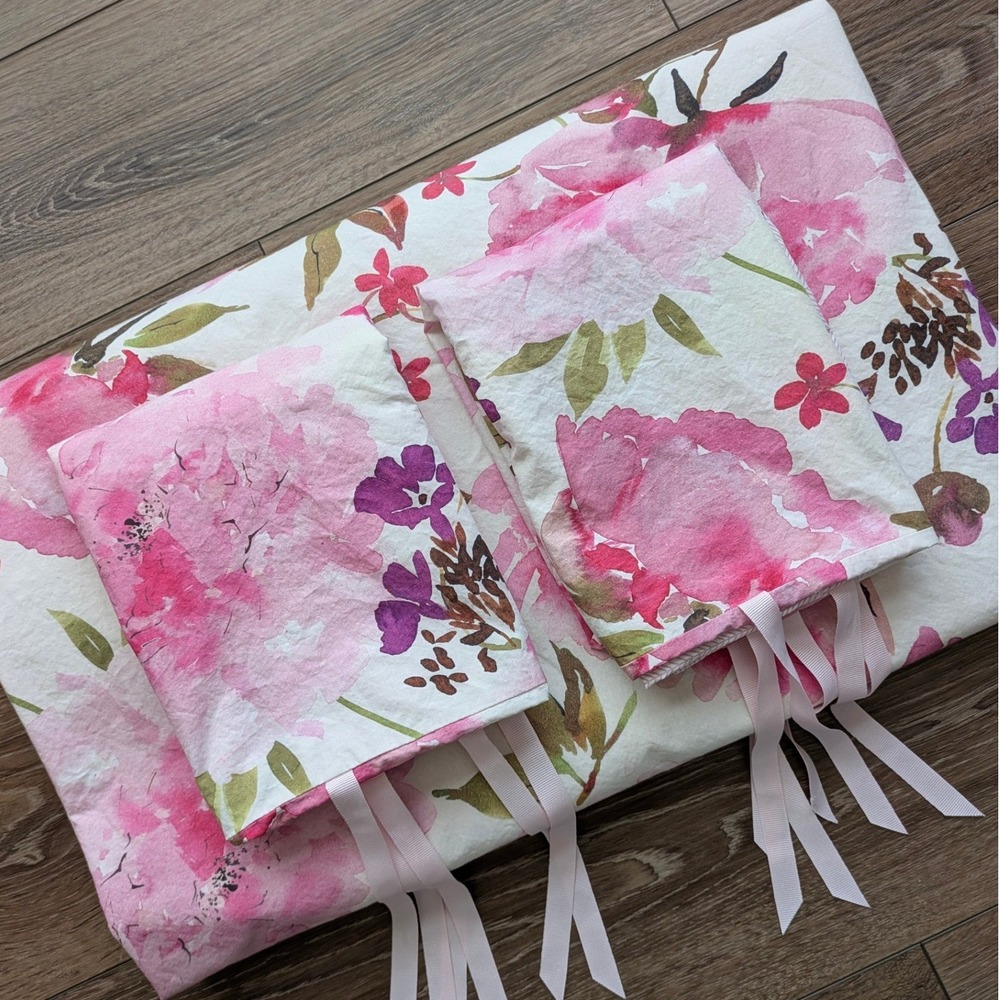 Anne de Solene Full Queen Duvet Cover + Shams Set Pink Floral Cotton France Made